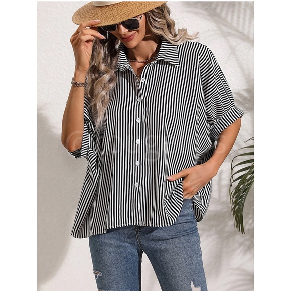 Striped Black White Button Up Front Shirt Oversized Batwing Half Sleeve V-Neck - Picture 2 of 9